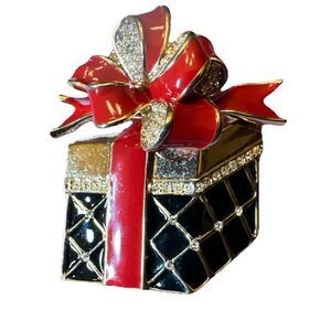 St. John Knits- Christmas Present Brooch Enamel And Rhinestones